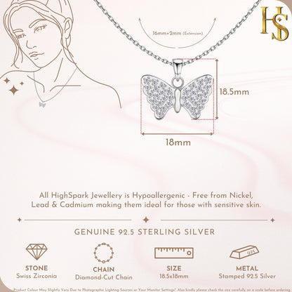Sparkling Studded Butterfly Pendant With Chain in 925 Sterling Silver For Women
