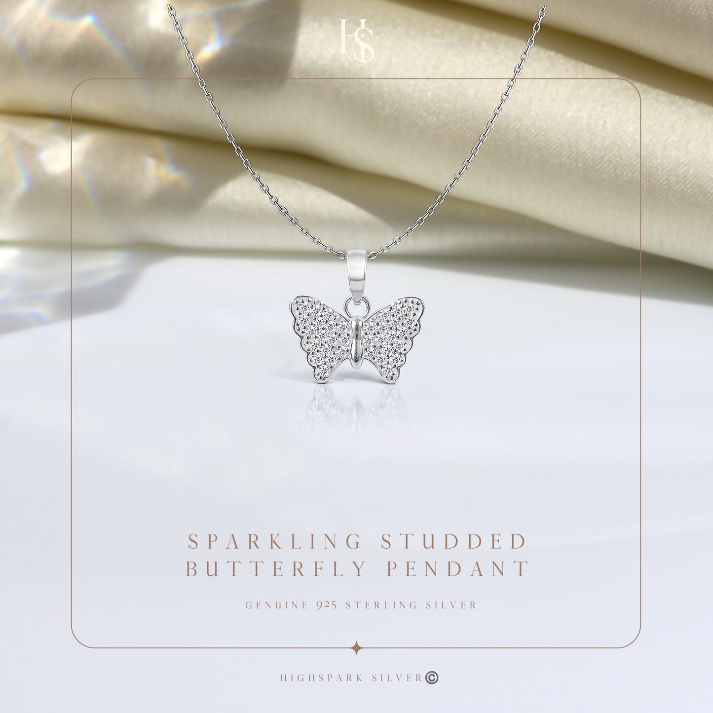 Sparkling Studded Butterfly Pendant With Chain in 925 Sterling Silver For Women