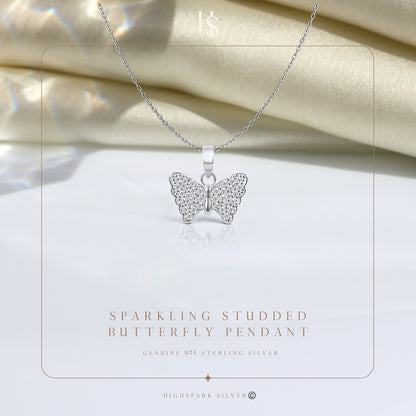 Sparkling Studded Butterfly Pendant With Chain in 925 Sterling Silver For Women