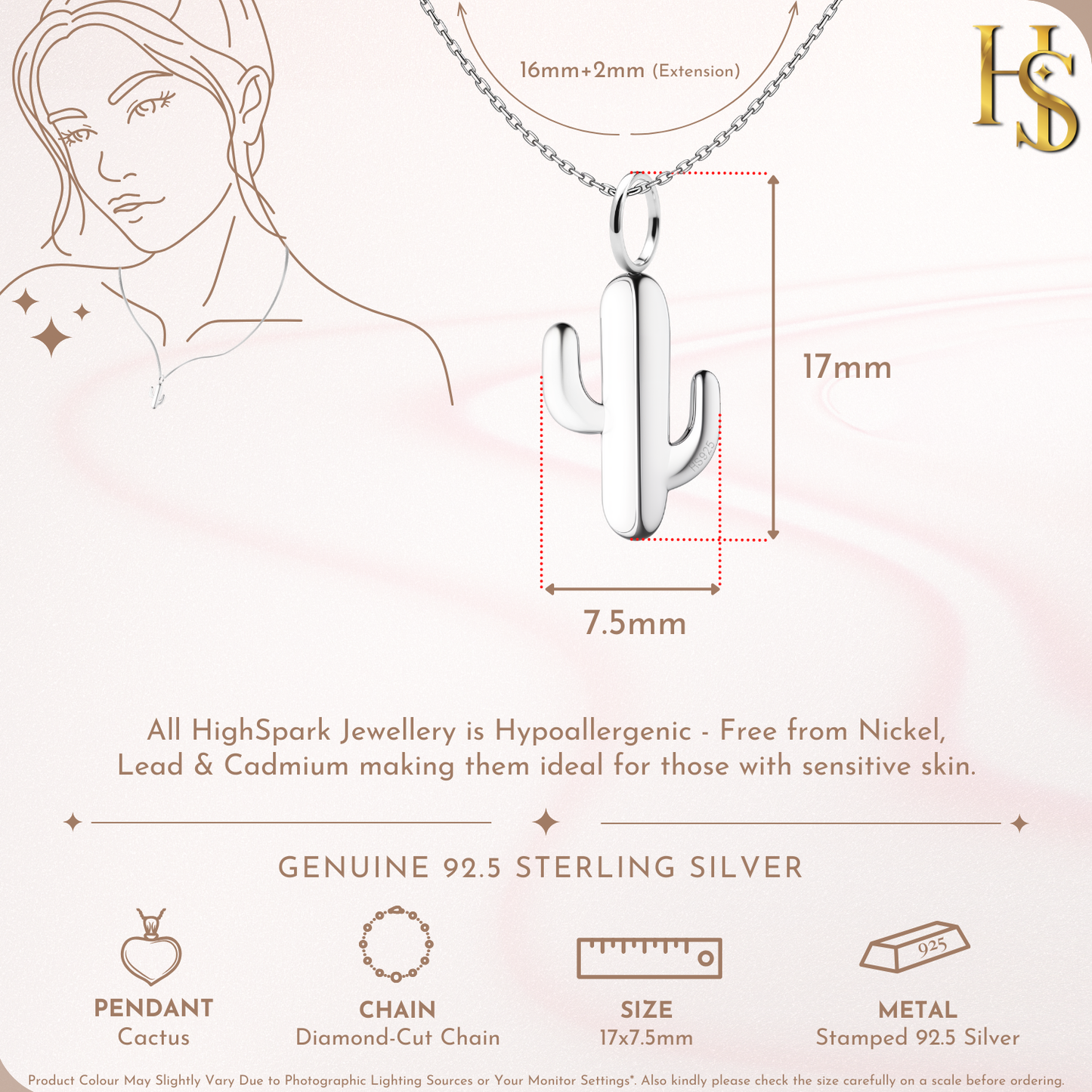 Classis Cactus Pendant With Chain in 925 Sterling Silver For Women