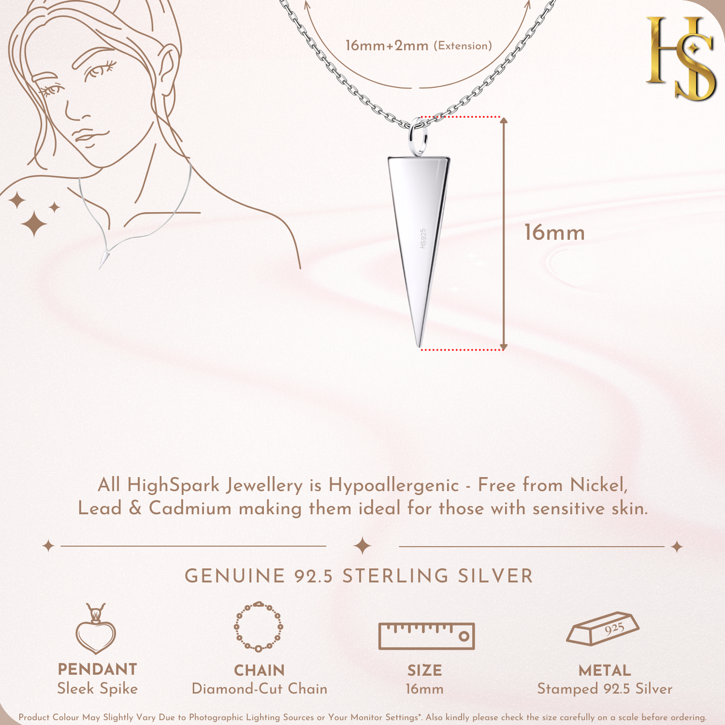 Sleek Spike Pendant With Chain in 925 Sterling Silver For Women