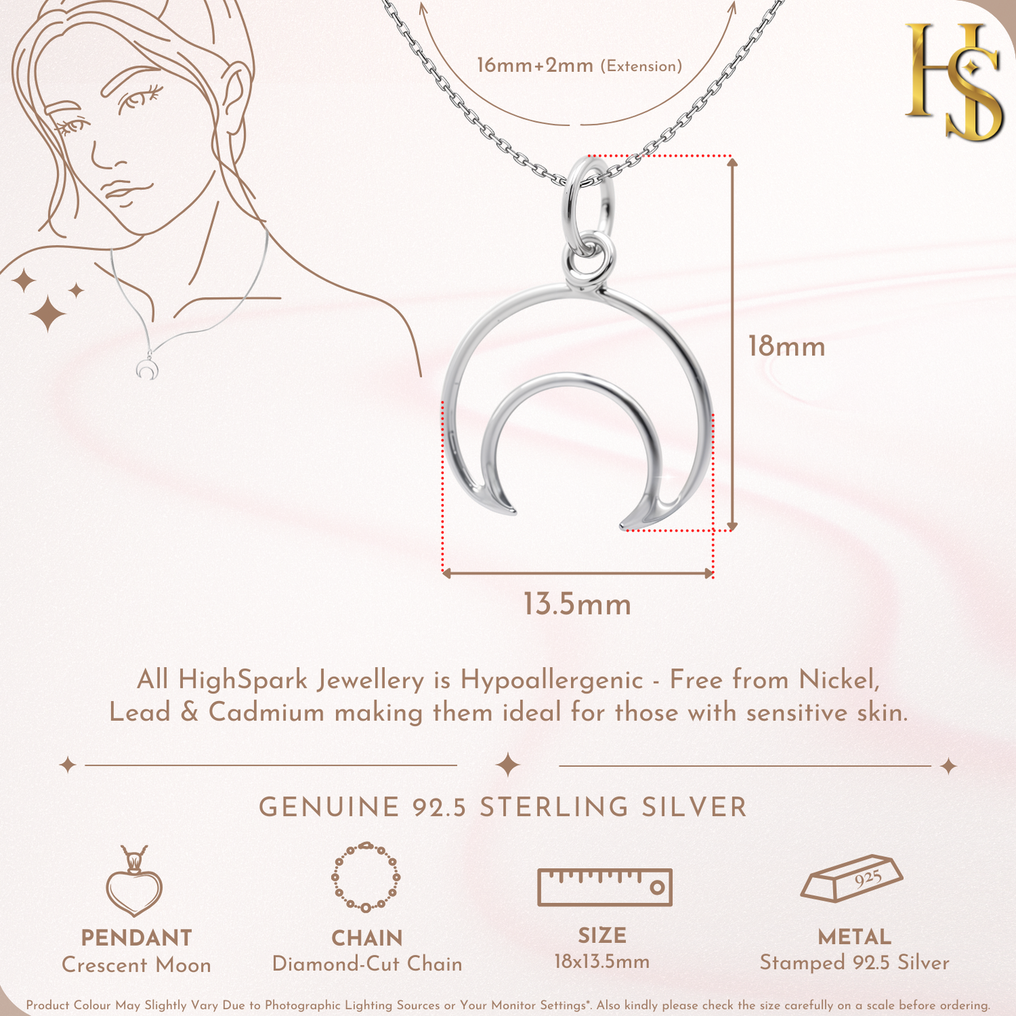 Classic Crescent Moon Pendant With Chain in 925 Sterling Silver For Women