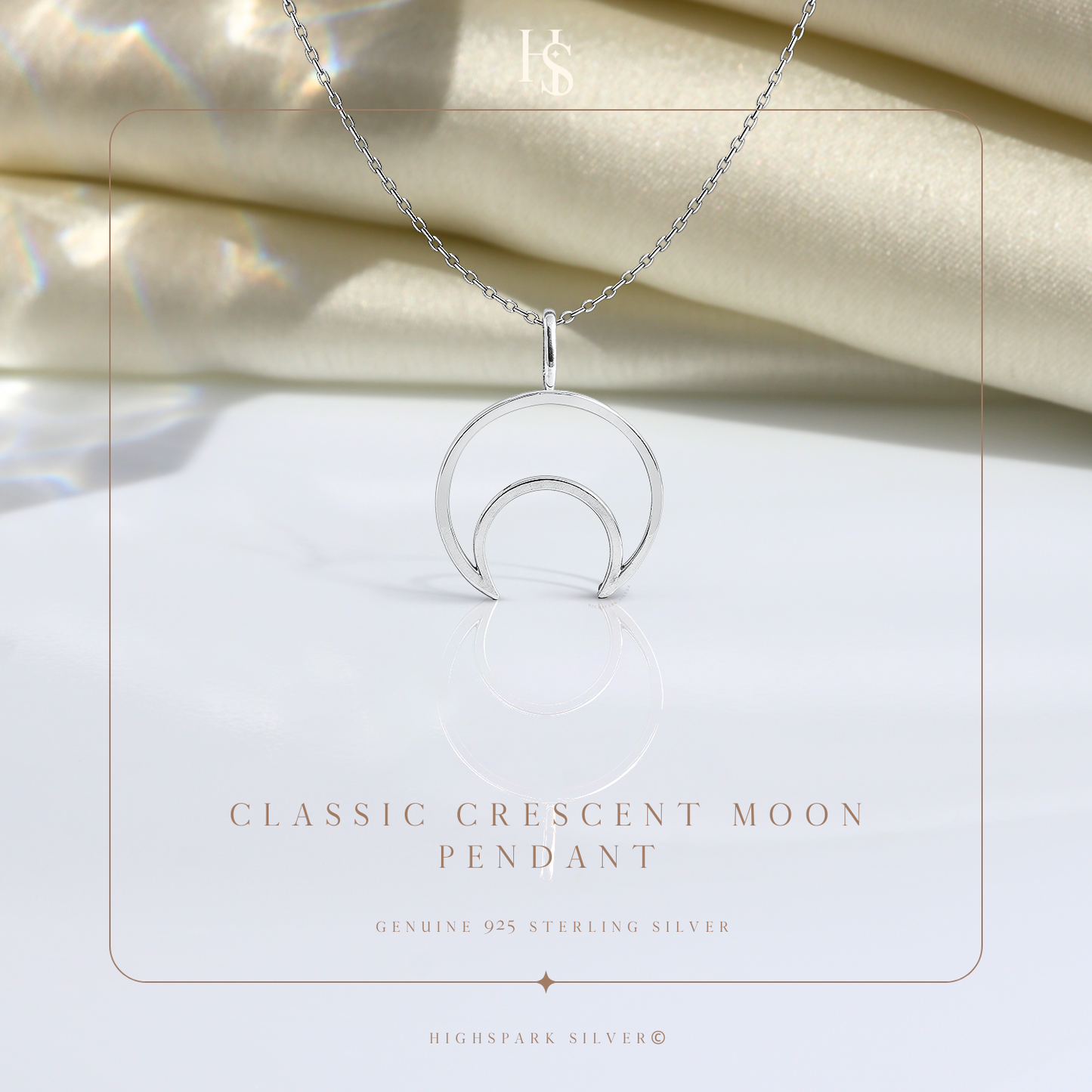 Classic Crescent Moon Pendant With Chain in 925 Sterling Silver For Women