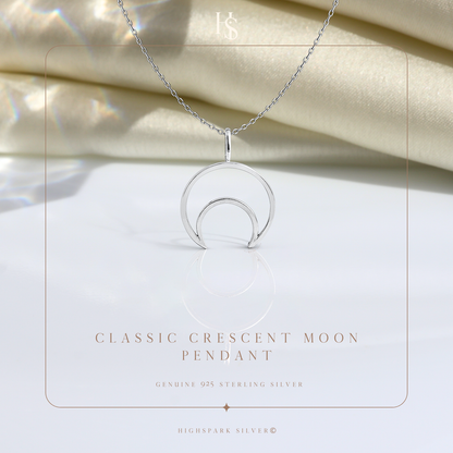 Classic Crescent Moon Pendant With Chain in 925 Sterling Silver For Women