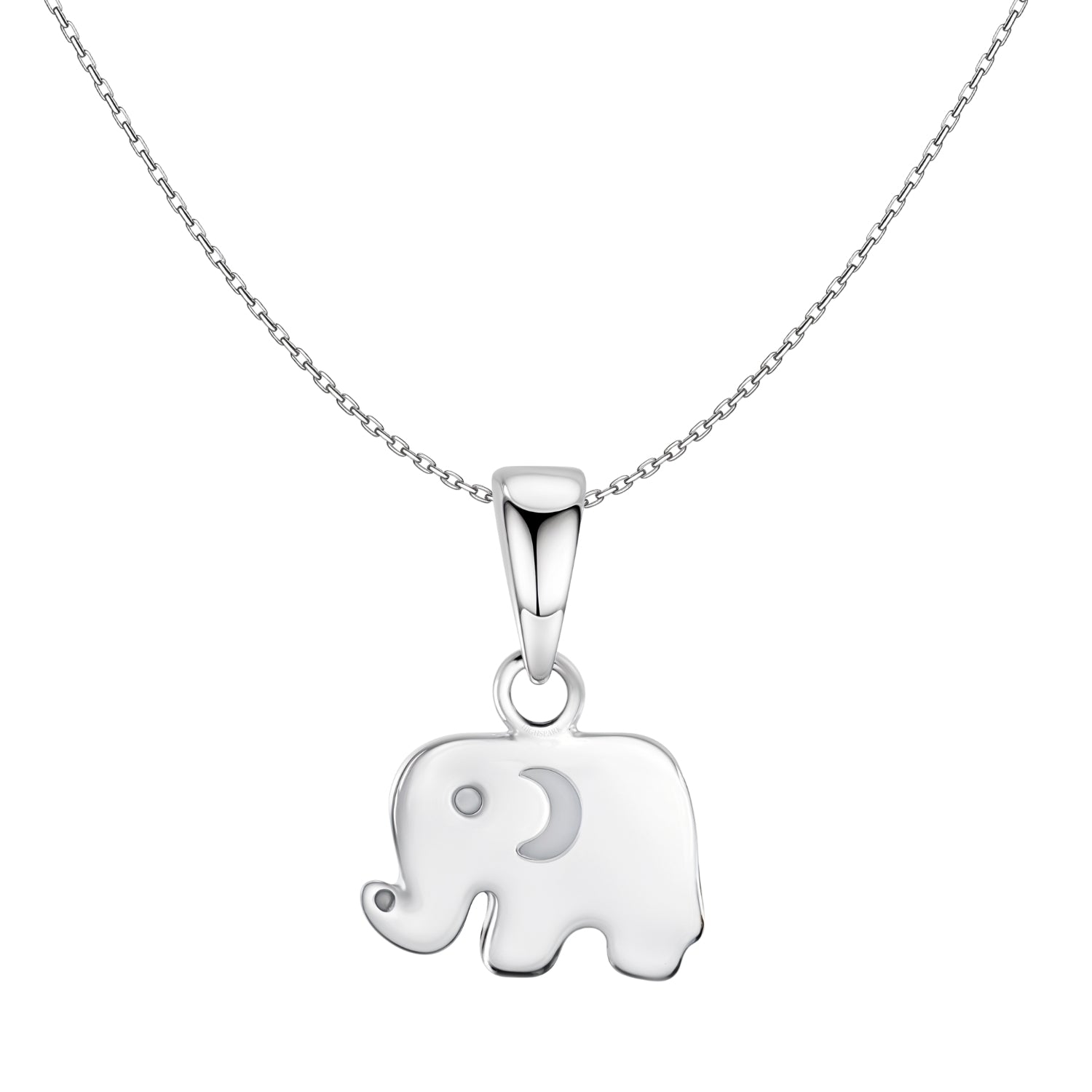 A sterling silver pendant necklace with a small, polished elephant charm featuring an engraved crescent moon, on a white background.