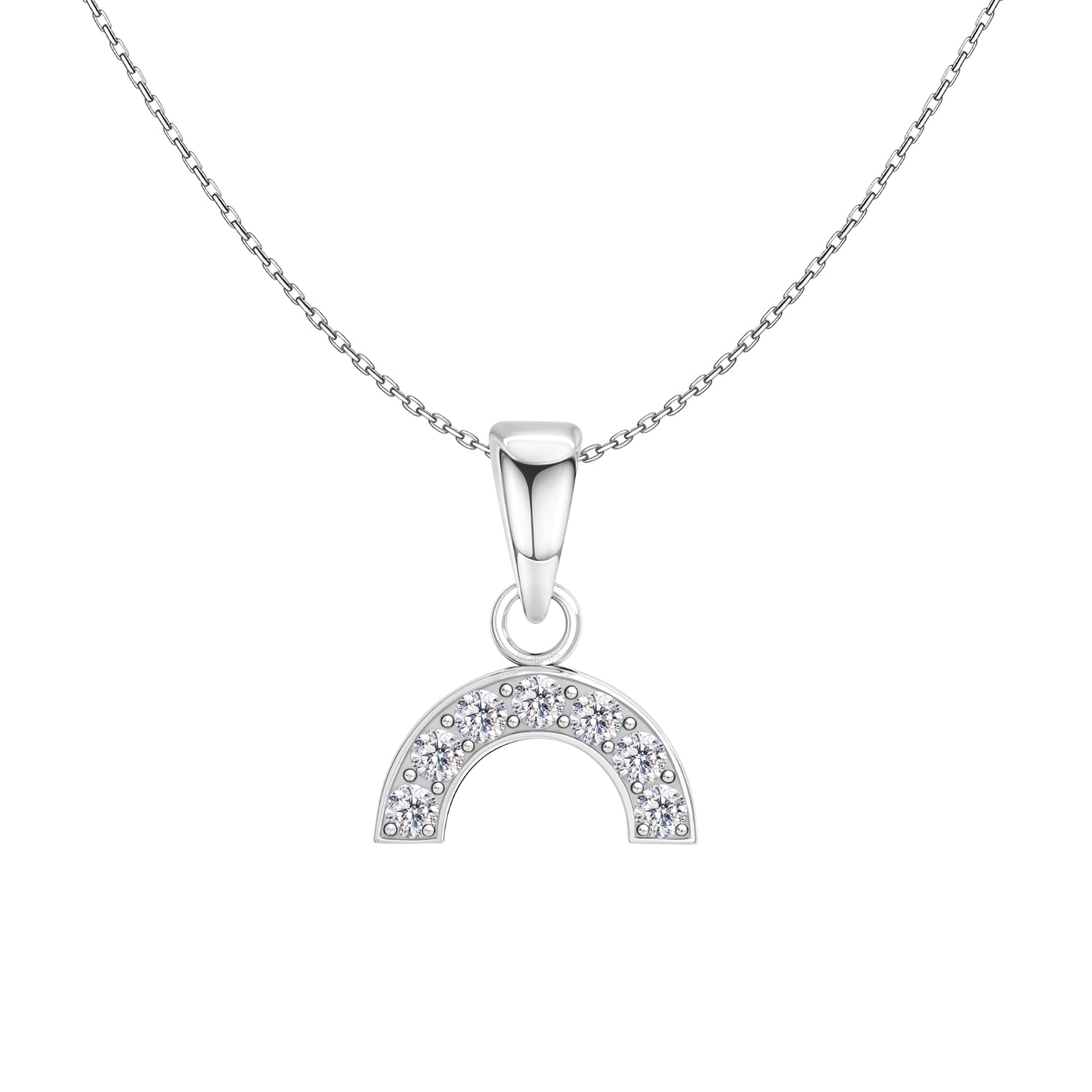 A sterling silver pendant necklace with a small, curved rainbow-shaped pendant set with seven round American diamonds on a plain white.