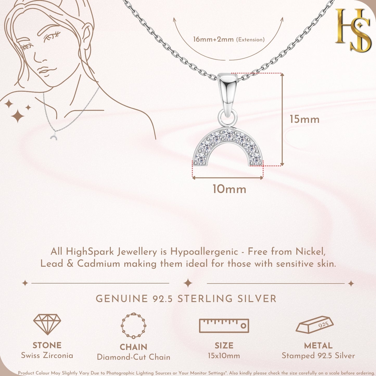 Dazzling Solitaire Rainbow Curve Pendant With Chain in 925 Sterling Silver For Women