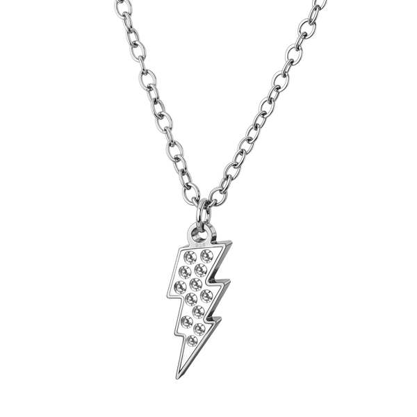 A sterling silver pendant necklace with a lightning bolt motif pave-set with round American diamonds, shown on a plain white background.
