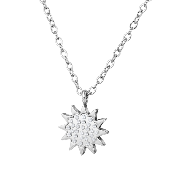 A sterling silver pendant necklace with a sun-shaped pendant featuring pavé-set American diamonds, shown on a plain white background.