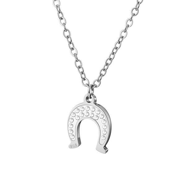 A sterling silver pendant necklace with a horseshoe charm pavé-set with round American diamonds, shown on a plain white background.