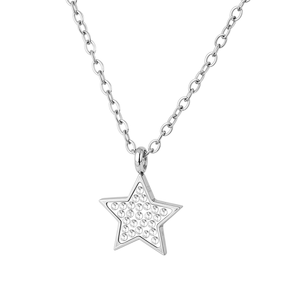 A sterling silver pendant necklace with a five-pointed star motif filled with pavé-set American diamonds on a plain white background.