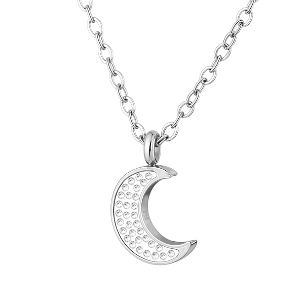 A sterling silver pendant necklace features a mystique moon motif studded with brilliant American diamonds, shown on a white background.