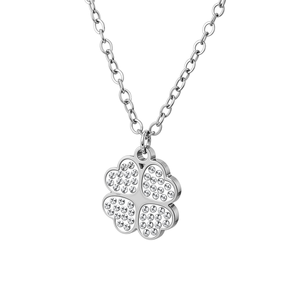 A sterling silver pendant necklace with a four-leaf clover motif, each leaf paved with tiny American diamonds, on a plain white background.