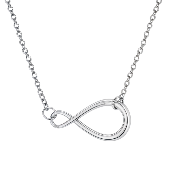 A sterling silver pendant for women featuring a polished infinity symbol on a delicate link chain, shown against a white background.