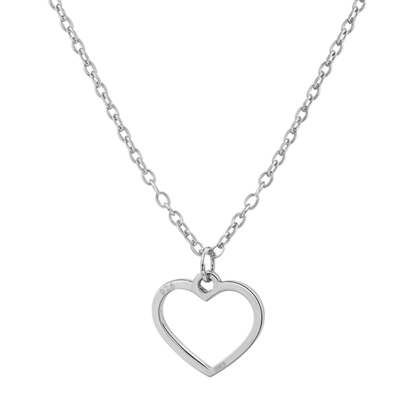 A sterling silver pendant necklace with an open heart motif on a simple link chain, shown on a white background.