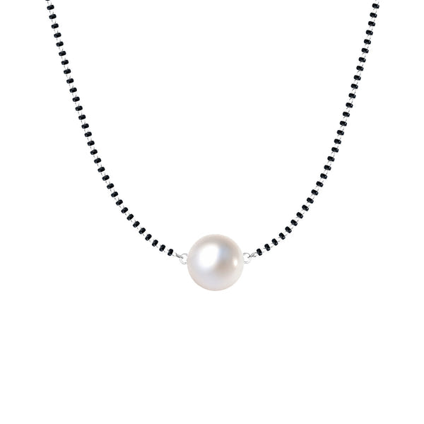 A sterling silver moon mangalsutra necklace featuring a single round pearl on a traditional black beaded chain, shown on a white background.