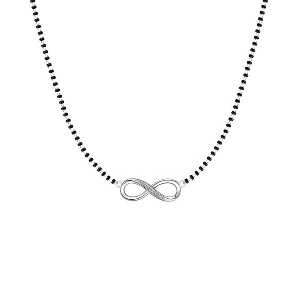 A sterling silver mangalsutra necklace with a central infinity symbol, partially paved with American diamonds.