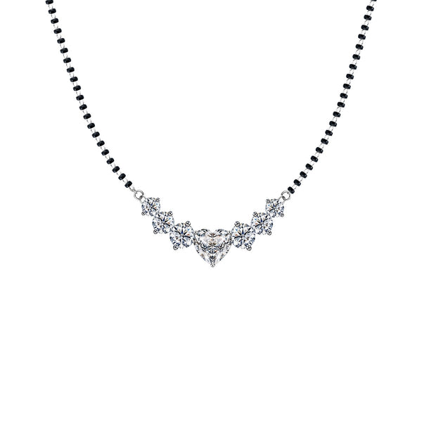 A sterling silver mangalsutra necklace with a central heart-shaped American diamond and a curved bar of six round American diamonds on.