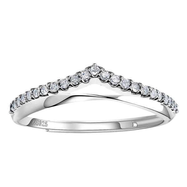 An adjustable sterling silver ring in a V-shape crown design, pavé-set with a row of round American diamonds on a plain white background.