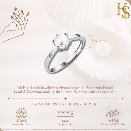Infographic showing a sterling silver ring with a 6mm freshwater pearl in a six-prong setting, detailing its adjustable size and metal.