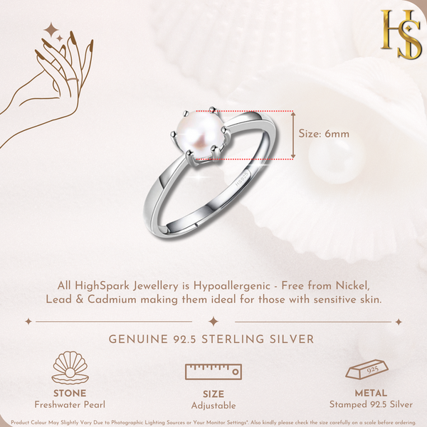 Classic Pearl Solitaire Ring | Adjustable 925 Sterling Silver
