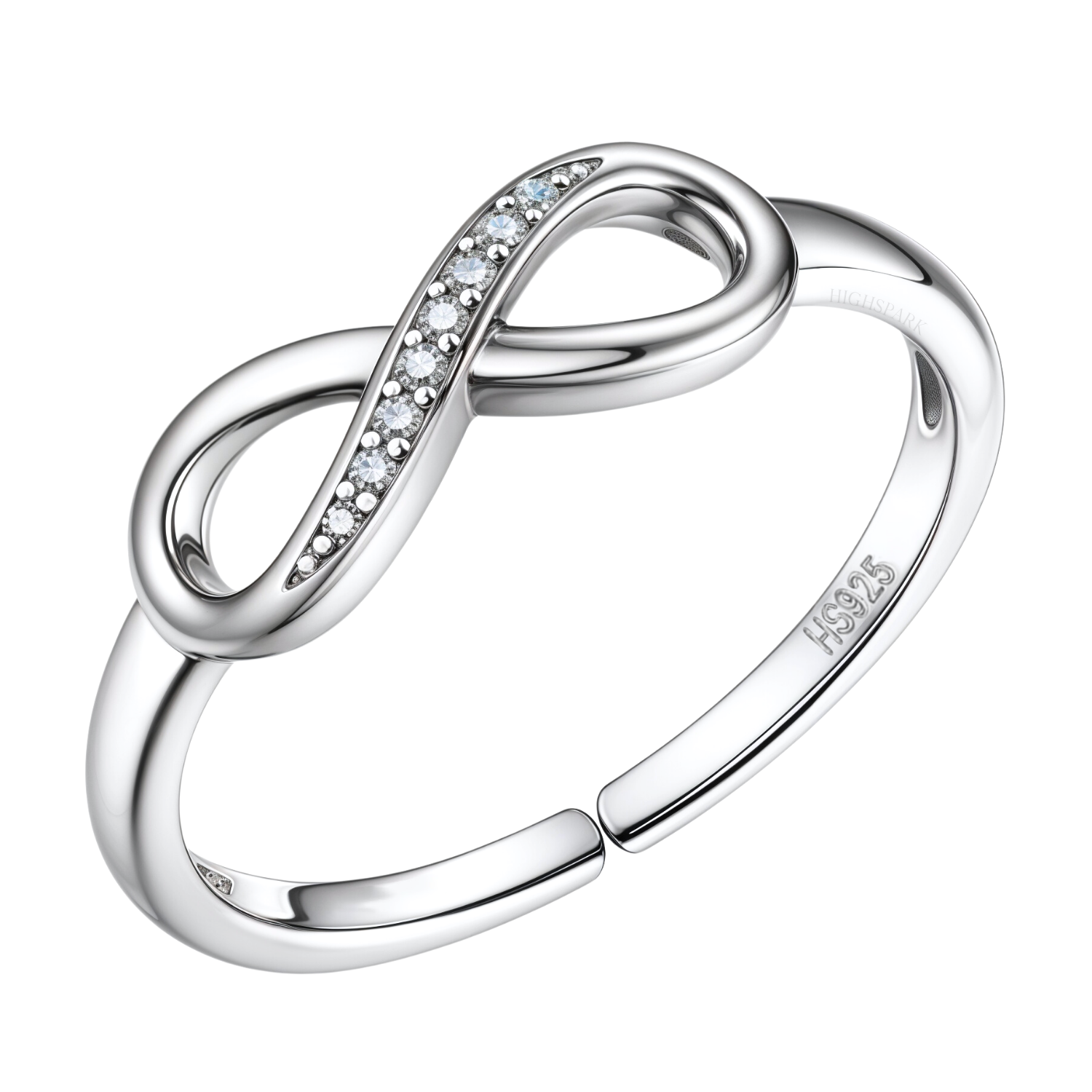 An adjustable sterling silver ring with an infinity symbol motif, one loop of which is pavé-set with tiny American diamonds.