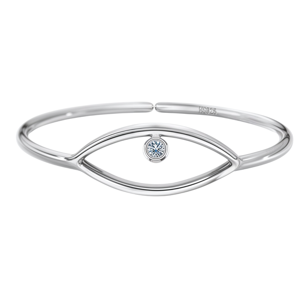 An adjustable sterling silver ring with an evil eye motif featuring a bezel-set American diamond at the center, shown on a white background.