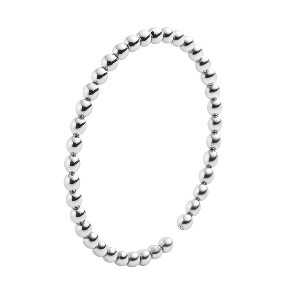 An adjustable sterling silver ring made of a continuous string of polished silver beads, shown on a white background.