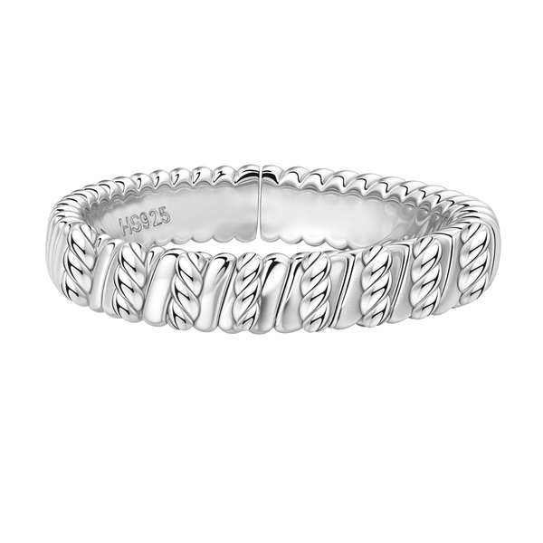 A textured sterling silver ring for women features an alternating pattern of polished diagonal bars and twisted rope motifs on a white.