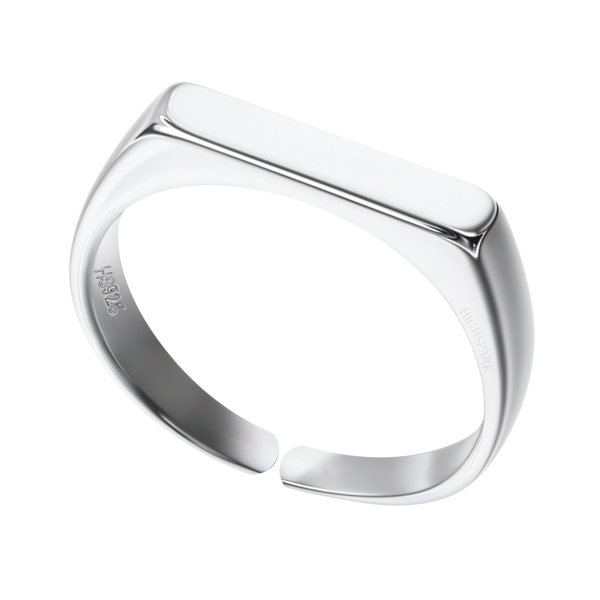 An adjustable signet ring with a flat rectangular bar top, crafted in polished sterling silver and shown on a white background.