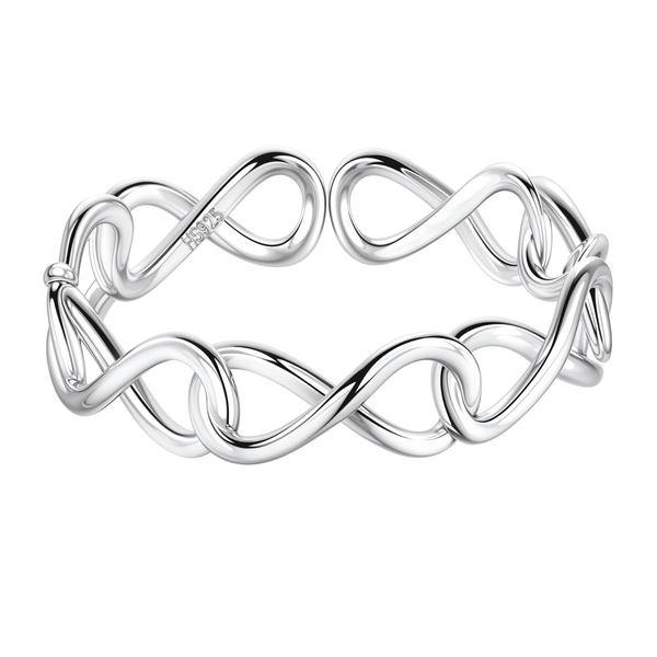 An adjustable sterling silver ring made of interlocking infinity symbols, shown on a plain white background.