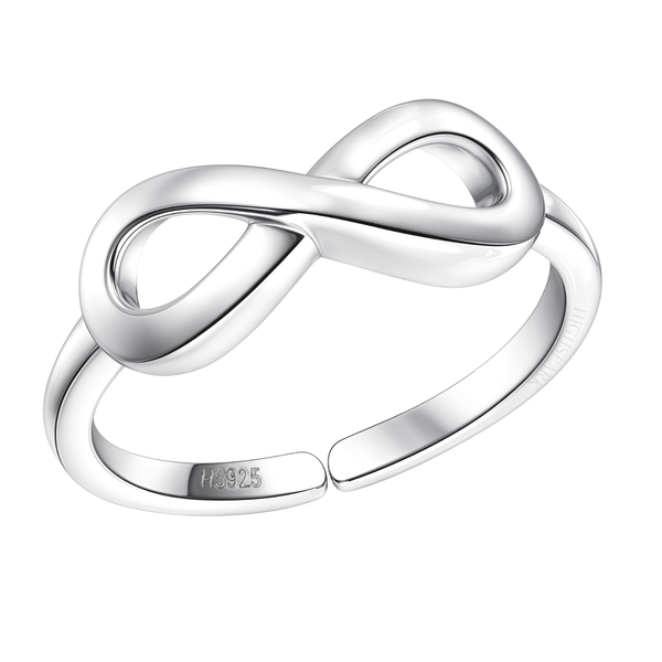 An adjustable sterling silver ring featuring a polished infinity symbol motif, representing a love that is infinitely yours.
