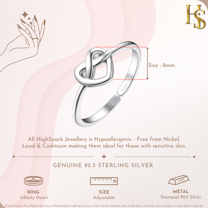 Knotted Infinity Heart Adjustable Ring in 92.5 Sterling Silver for Women