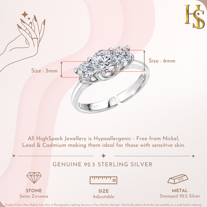 Euphoric Triple Solitaire Adjustable Ring in 92.5 Sterling Silver with Diamond like Brilliance Zirconia