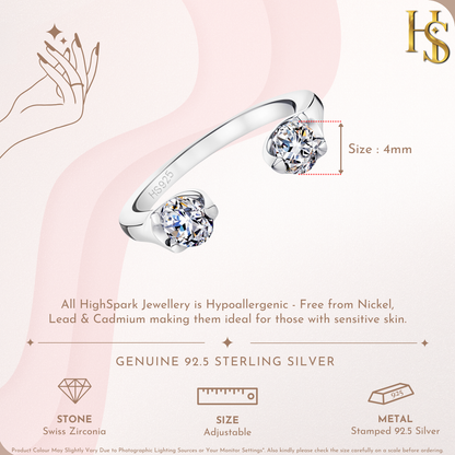 Twin Sparkle Solitaire Adjustable Ring in 92.5 Sterling Silver with Diamond like Brilliance Zirconia