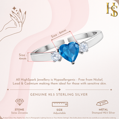 Passionate Blue Heart Promise Adjustable Ring in 92.5 Sterling Silver with Diamond like Brilliance Zirconia