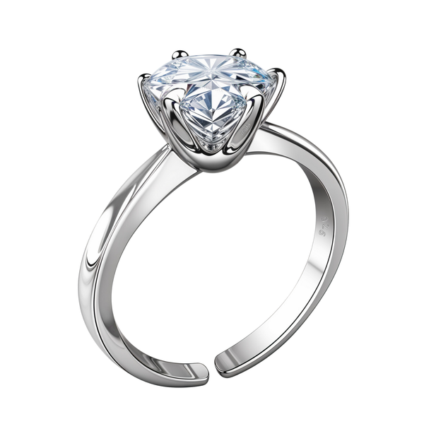 An adjustable solitaire ring with a large, round American diamond in a four-prong setting on a polished sterling silver band.