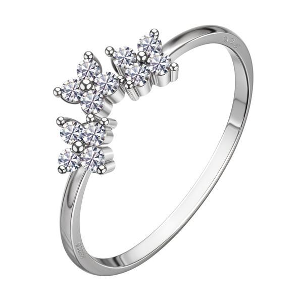 An adjustable sterling silver ring with three flower clusters made of prong-set American diamonds, shown on a white background.