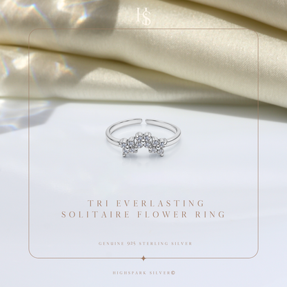 Stylish Tri Everlasting Solitaire Flower Adjustable Ring in 92.5 Sterling Silver With Diamond like Brilliance Zirconia