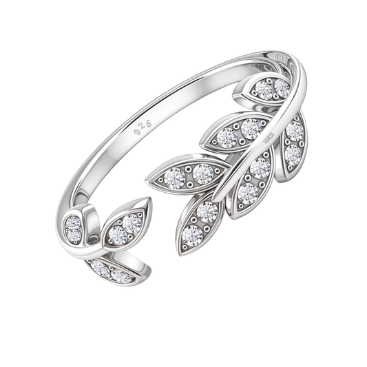 Stylish Crystal Leaf Adjustable Ring in 92.5 Sterling Silver With Diamond like Brilliance Zirconia