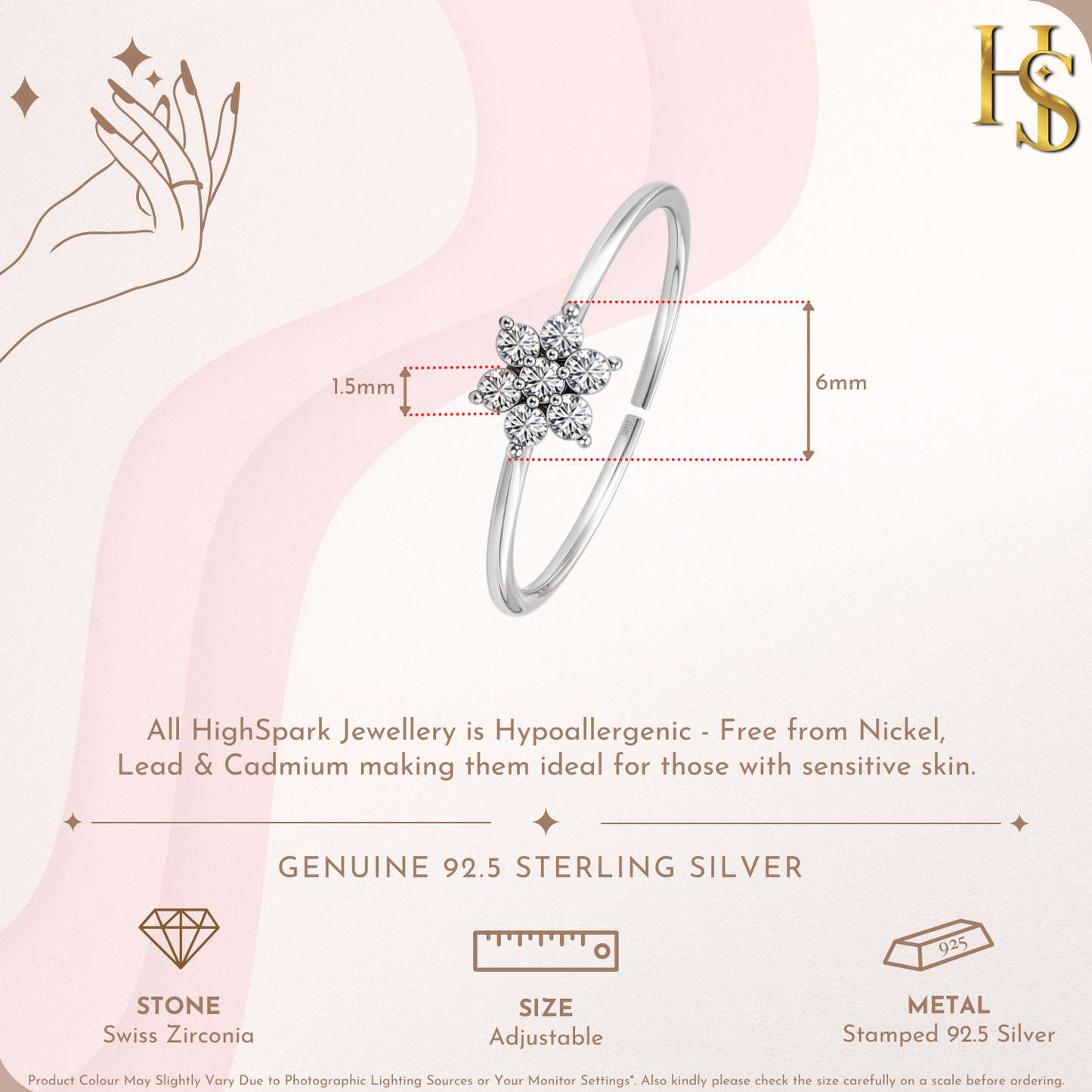 Stylish Crystal Five petal Flower Adjustable Ring in 92.5 Sterling Silver With Diamond like Brilliance Zirconia