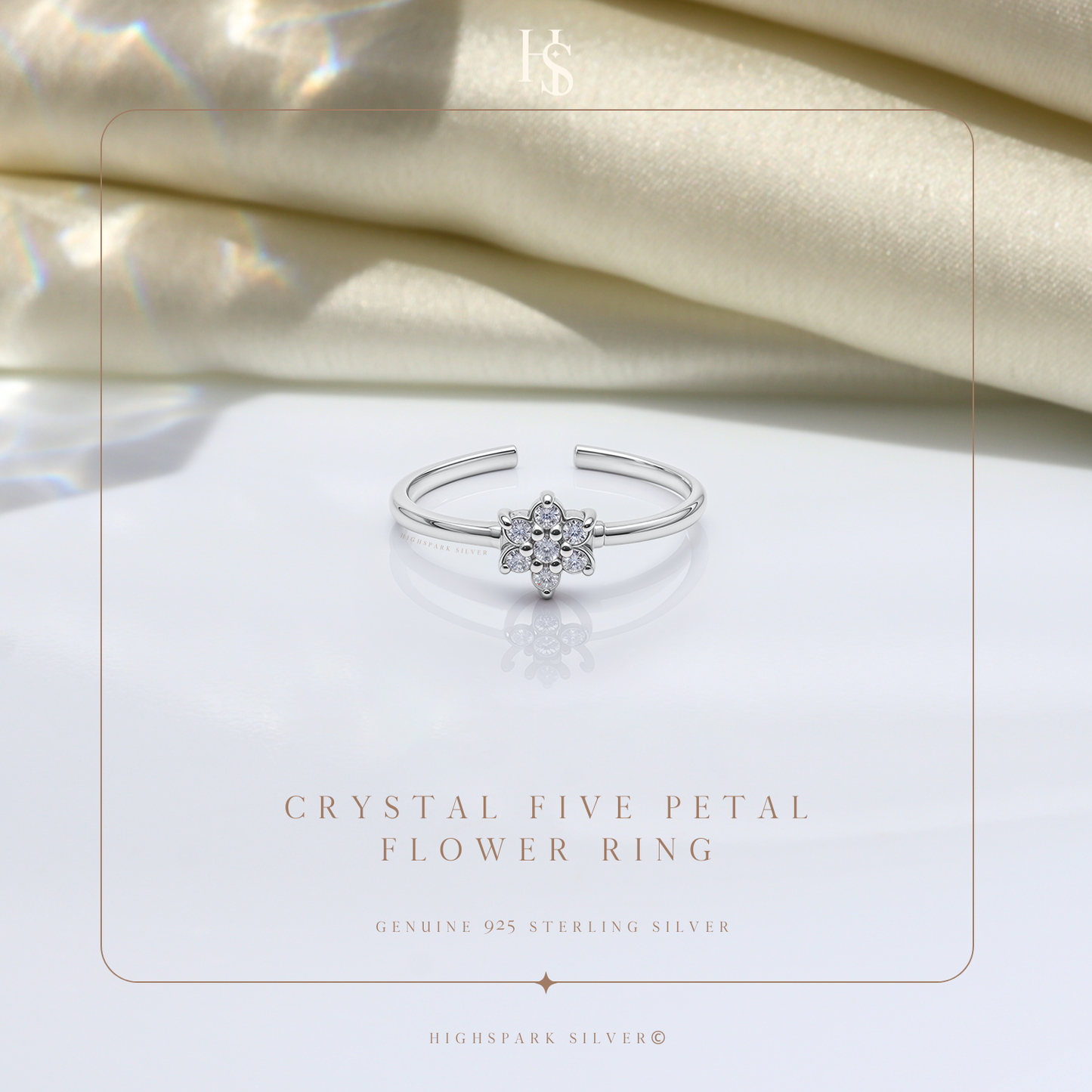 Stylish Crystal Five petal Flower Adjustable Ring in 92.5 Sterling Silver With Diamond like Brilliance Zirconia