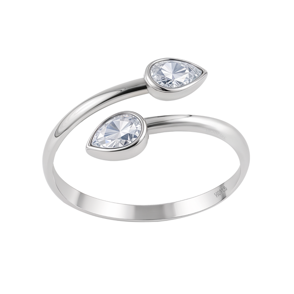 An adjustable sterling silver ring with two pear-cut American diamonds in a bezel setting, shown on a white background.