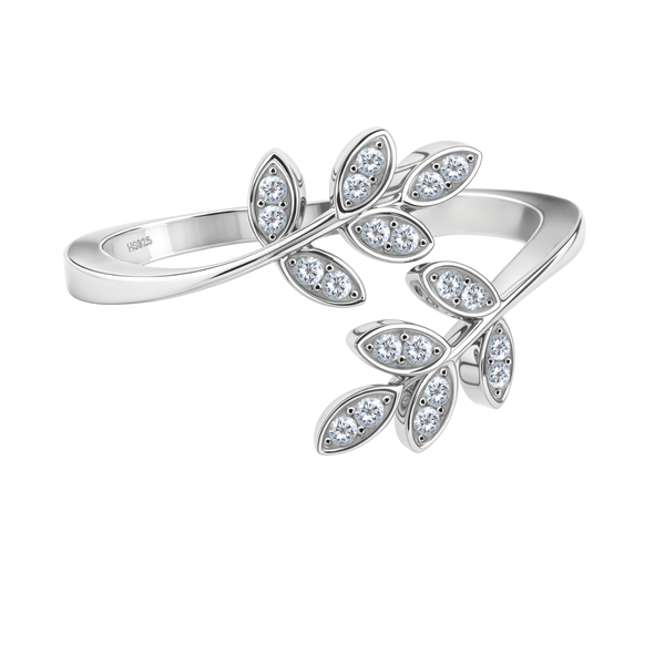 An adjustable sterling silver ring with a twin leaf design, where each marquise-shaped leaf is pavé-set with American diamonds.