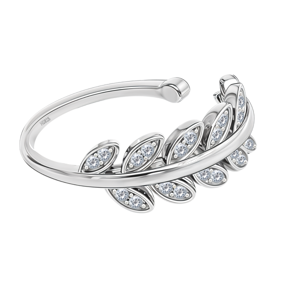 An adjustable sterling silver ring in a vine motif with marquise-shaped leaves studded with tiny American diamonds on a white background.