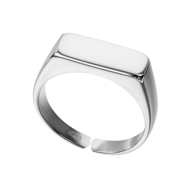 An adjustable signet ring for men with a rectangular face, crafted from polished sterling silver and shown on a white background.