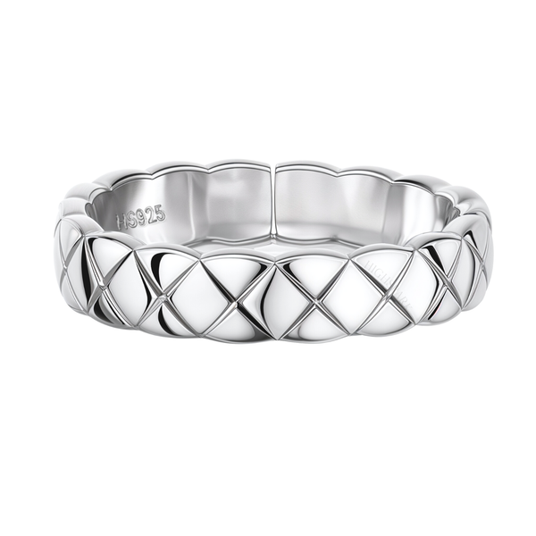 A sterling silver band ring with a quilted, criss-cross pattern and scalloped edges, shown on a plain white background.
