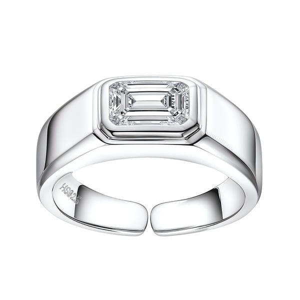 An adjustable sterling silver ring with a wide band featuring a bezel-set, emerald-cut American diamond on a plain white background.