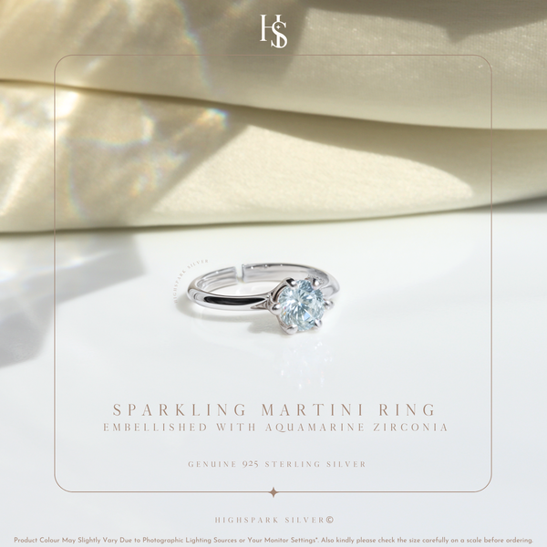 Sparkling Martini Solitaire Ring in 92.5 Sterling Silver Embellished With Aquamarine Zirconia