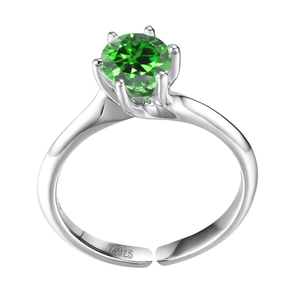 An adjustable solitaire ring with a round emerald green stone in a six-prong setting on a polished sterling silver band.